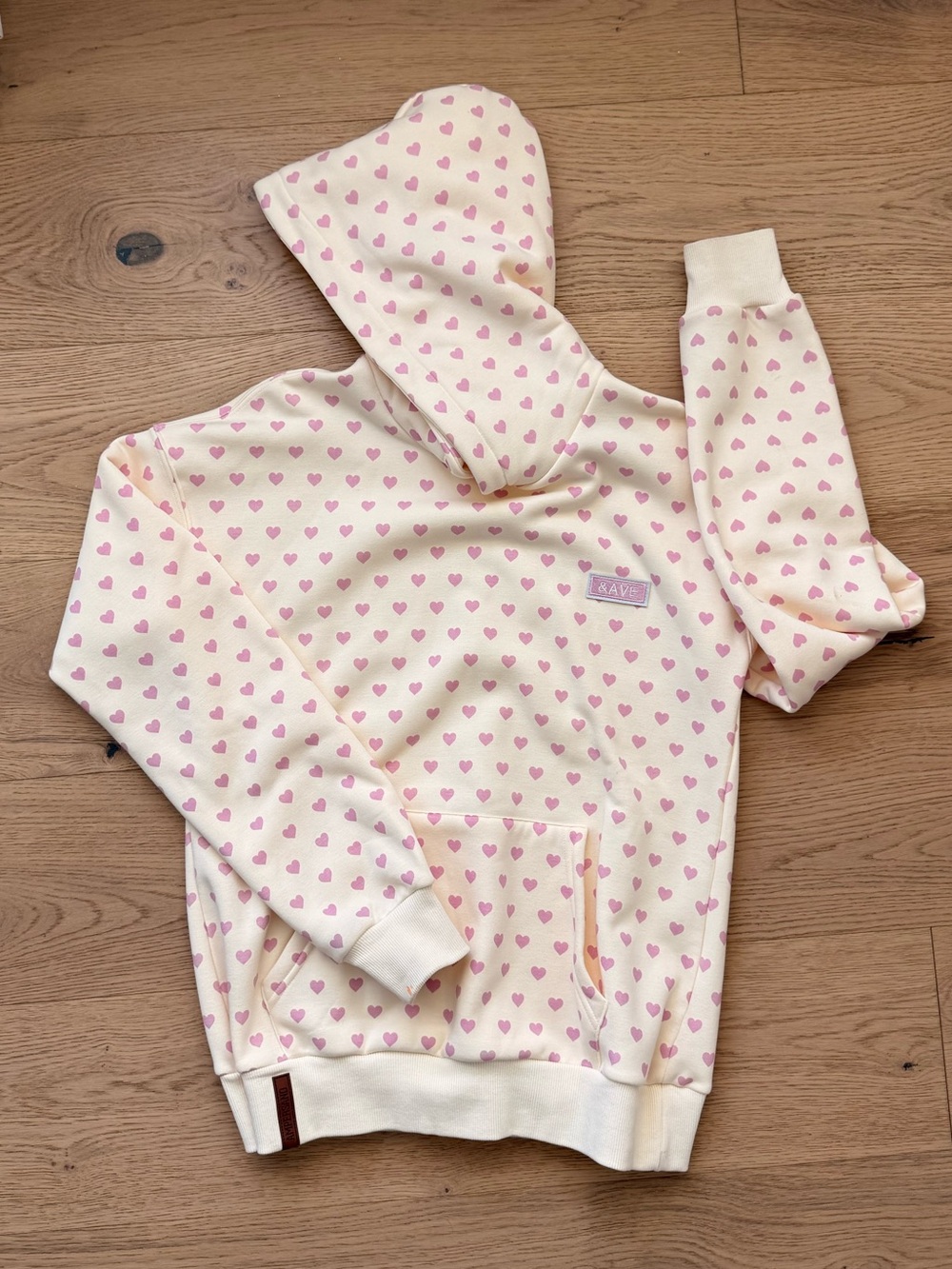 Ampersand Ave Hoodie Cream with Pink Heart Print